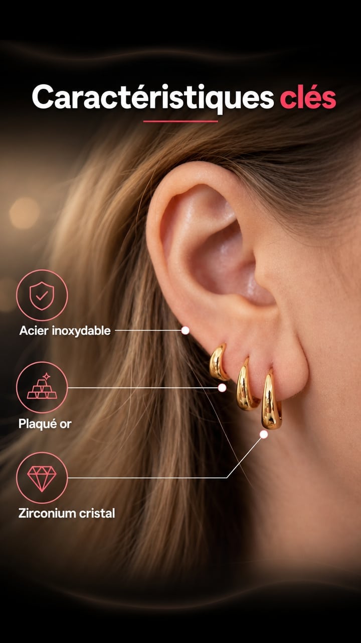 Features — 3 Pairs Stainless Steel Crystal Zirconia Hoop Earrings for Women Trendy Simple Gold Plate